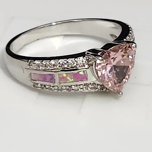 Fashion Jewelry Pink Heart CZ Ring Synthetic Opal Oval Silver Tone Size 9 NOS - Picture 8 of 10